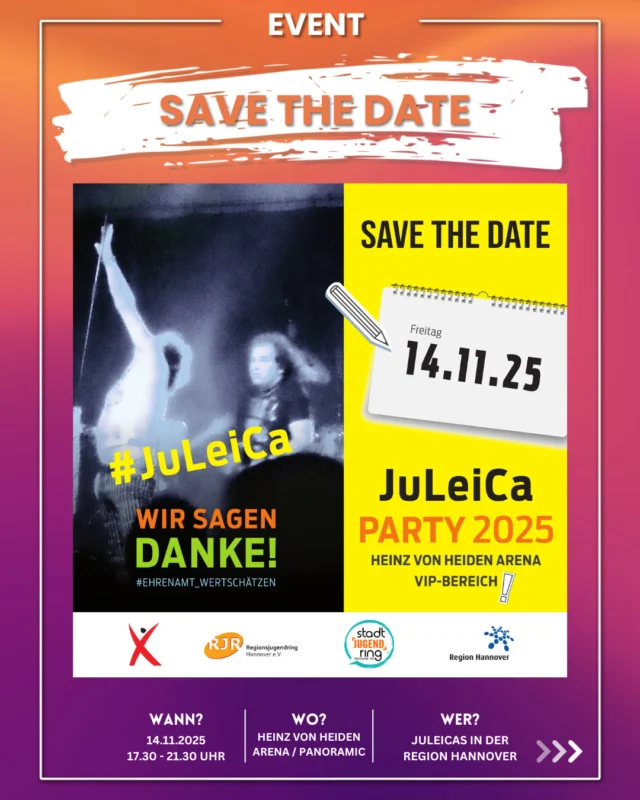 Jugendleiter:innen in der Region Hannover aufgepasst: am 14.11.25 ist es wieder soweit, bei der JuLeiCa PARTY 2025 feiern wir EUCH ALLE! 🥳🎊 

Wir bedanken uns mit einer großen Party für euer ehrenamtliches Engagement und euren Einsatz! 💪 

Traditionell gehört zu jeder JuLeiCa PARTY etwas Live-Musik, daher suchen wir auch in diesem Jahr wieder Acts aus der Jugendarbeit in der Region Hannover. In diesem Jahr stehen 2 Zeit-Slots von jeweils 15 Minuten zur Verfügung. Ihr wollt auf der Party eine aktive Rolle übernehmen 🎤🎸🎶 und habt Bock, mit eurer Band oder Kunst vor 500 Jugendlichen aufzutreten? 

📧 Dann schreibt gerne eine Mail an info@rjr-hannover.de 

❗ Alle Infos + Teilnahmebedingungen findet ihr im Post. 

#juleica #juleicaparty2025 #juleicaausbildung #juleicavergünstigung #ehrenamt_wertschaetzen #regionhannover #ehrenamt #jugendarbeit #jugendverband 

P.S.: Eine Gage ist durchaus angedacht 😉