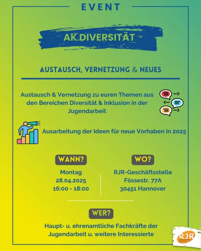 Bei unserem nächsten AK Treffen wollen wir die bisherigen Ideen für neue Vorhaben in 2025 gemeinsam weiter ausarbeiten.💡

Aber auch der allgemeine Austausch und die Vernetzung zu euren Themen aus den Bereichen 🌍 Diversität und ♿ Inklusion in der Jugendarbeit sollen wie immer nicht zu kurz kommen.

📅Kommt dafür am 28.04.2025 in der Zeit von 🕒 16:00 bis 18:00 Uhr in die 📍 RJR-Geschäftsstelle, Fössestraße 77A, 30451 Hannover.

🕒Hinweis zur Uhrzeit: Wir haben bisher unterschiedliche Zeiten ausprobierte und uns auf diese Uhrzeit als Mittelweg geeinigt. Solltet ihr Interesse an einer Mitarbeit haben, aber gar nicht zu dieser Zeit können, meldet euch bitte.

Auch dieser Termin eignet sich für neue Interessierte, einfach unverbindlich in den Arbeitskreis zu „schnuppern“ oder für länger nicht mehr Dagewesene, wieder einzusteigen, da wir gemeinsam neue Ideen und Formate für 2025 entwickeln.

Um eine Anmeldung zu dem Termin bitten wir bis zum 📆24.04.2025 an ✉️info@rjr-hannover.de.

#diversität #inklusion #diversitätssensiblejugendarbeit #inklusivejugendarbeit #vielfalt #austausch
#regionsjugendring #hannover #rjr #jugendring #jugend #jugendarbeit #jugendverband #bilden #beraten #vernetzen #gemeinsamstark #regionhannover #2025