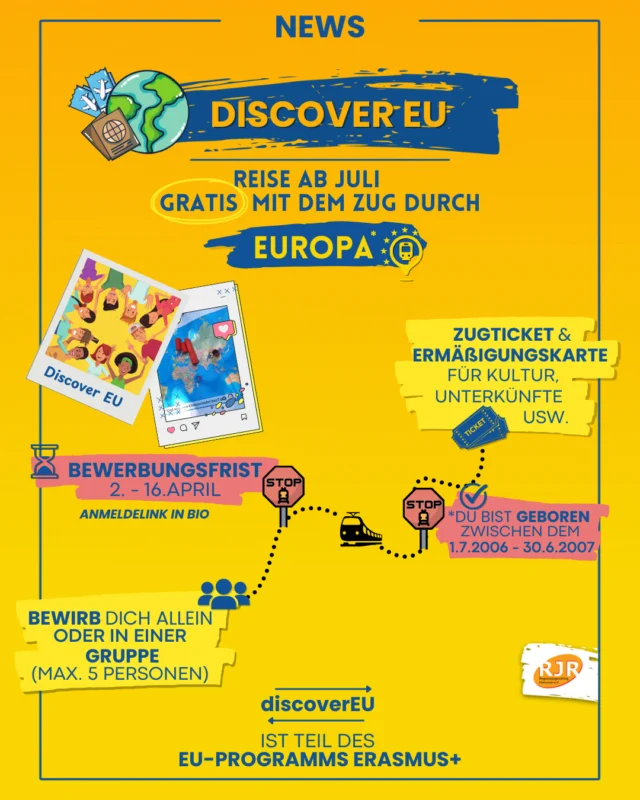 🚃 #DiscoverEU gibt DIR die Möglichkeit unser vielfältiges Europa KOSTENLOS mit dem Zug zu erkunden. Die Gewinner:innen können ab Juli 2025 für 30 Tage durch Europa reisen.

So geht’s:
🎉	Du bist zwischen dem 1. Juli 2006 und dem 30. Juni 2007 geboren sind und hast Wohnsitz in der EU

📅	Bewerbungen können bis Mittwoch, den 16. April 2025, jeweils bis 12 Uhr mittags, online unter https://youth.europa.eu/discovereu_de eingereicht werden.

🎲	Um ein Reiseticket zu erhalten, müssen die Bewerber*innen ein Quiz bestehen.

♿ Junge Menschen mit Behinderungen oder Gesundheitsproblemen können auf besondere Unterstützung zählen, wenn sie an DiscoverEU teilnehmen möchten. Organisationen, die mit benachteiligten jungen Menschen arbeiten, können bei JUGEND für Europa, der Nationalen Agentur für Erasmus+ Jugend, einen Zuschuss im Rahmen von DiscoverEU Inklusion beantragen. Dieses Förderformat bietet den Teilnehmenden zusätzliche Mittel und die Möglichkeit, mit Begleitpersonen zu reisen.

👩‍👧‍👦 Es ist auch möglich, sich als Gruppe zu bewerben

🌟 Für alle, die jetzt noch zu jung sind, um dabei zu sein: Es gibt jedes Jahr im Frühling und im Herbst eine neue Runde. Mehr zu den Teilnahmebedingungen gibt es unter https://youth.europa.eu/discovereu/rules_de.

DiscoverEU ist Teil des EU-Programms Erasmus+. Seit 2018 haben bereits über 355.000 junge Menschen die Möglichkeit genutzt, mit dem Zug durch Europa zu reisen, neue Städte und Landschaften kennenzulernen und neue Freundschaften zu schließen.