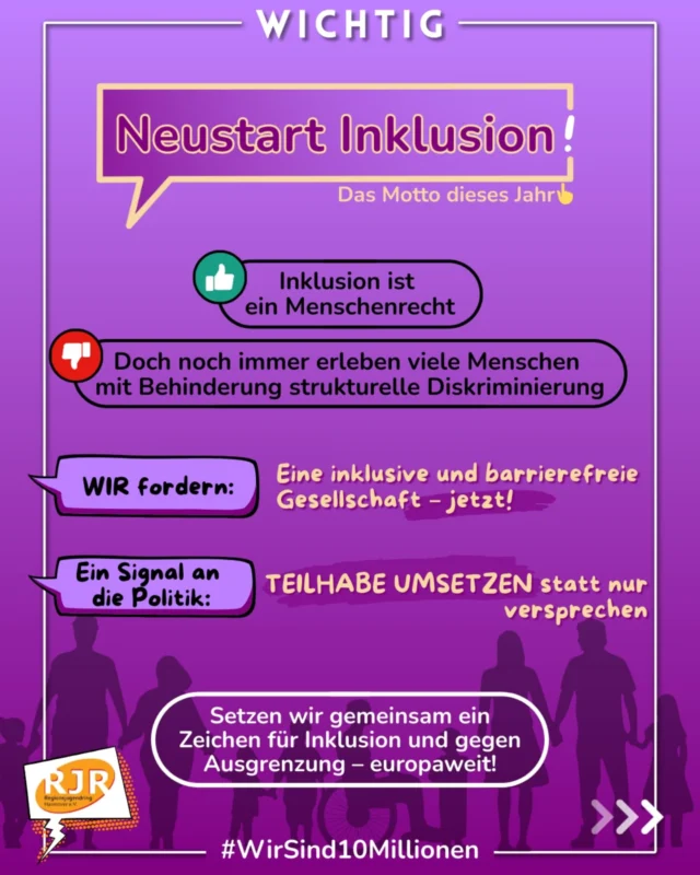 📅 Heute, am 5. Mai, ist Europäischer Protesttag zur Gleichstellung von Menschen mit Behinderung.
Seit 1992 machen an diesem Tag Menschen in ganz Europa auf Barrieren aufmerksam – sichtbar, laut und vor allem mit vielen kreativen Aktionen. Auch wir sagen: #NeustartInklusion – denn Inklusion darf kein Lippenbekenntnis bleiben.

🧑‍🦽 Inklusion ist ein Menschenrecht.
Deutschland hat sich mit der UN-Behindertenrechtskonvention verpflichtet, Teilhabe und Barrierefreiheit zu gewährleisten. Doch die Realität sieht oft anders aus: Strukturelle Diskriminierung, fehlende Zugänge und Ausschlüsse gehören für viele Menschen mit Behinderung weiterhin zum Alltag.

📣 Deshalb rufen wir heute zum Protest auf!
Wir fordern echte gesellschaftliche Teilhabe – in Bildung, im Arbeitsleben, im öffentlichen Raum, in der Politik und in der Freizeit. Eine inklusive Gesellschaft entsteht nicht von allein – sie braucht klare Entscheidungen, Engagement und Solidarität.

📍 Unter dem Motto „Wir sind 10 Millionen“ wird in ganz Deutschland demonstriert, diskutiert und gestaltet.
Auch bei uns in der Region gibt es zahlreiche Aktionen, bei denen ihr mitmachen, zuhören und Haltung zeigen könnt. Schaut dazu gerne auf der Förderlandkarte von Aktion-Mensch vorbei.

➡️ Swipe nach rechts, um mehr über geplante Aktionen und starke Stimmen aus der Jugendarbeit, dem Ehrenamt und der inklusiven Szene zu erfahren.
Jede*r kann etwas bewegen – ob auf der Straße, in der Schule, am Arbeitsplatz oder hier auf Social Media.

✊ Für eine Gesellschaft, in der Unterschiede keine Hindernisse, sondern Selbstverständlichkeiten sind.
Heute. Und jeden Tag.

#NeustartInklusion #5Mai #Protesttag #WirSind10Millionen #InklusionJetzt #Barrierefrei #TeilhabeFürAlle #Gleichstellung #JugendEngagiert #Menschenrechte #AktivFürInklusion #AktionMensch #EuropäischerProtesttag